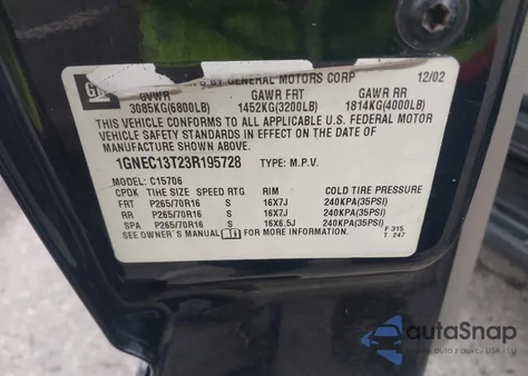 2003 Chevrolet Tahoe Ls z USA, uszkodzony, nr VIN 1GNEC13T23R195728